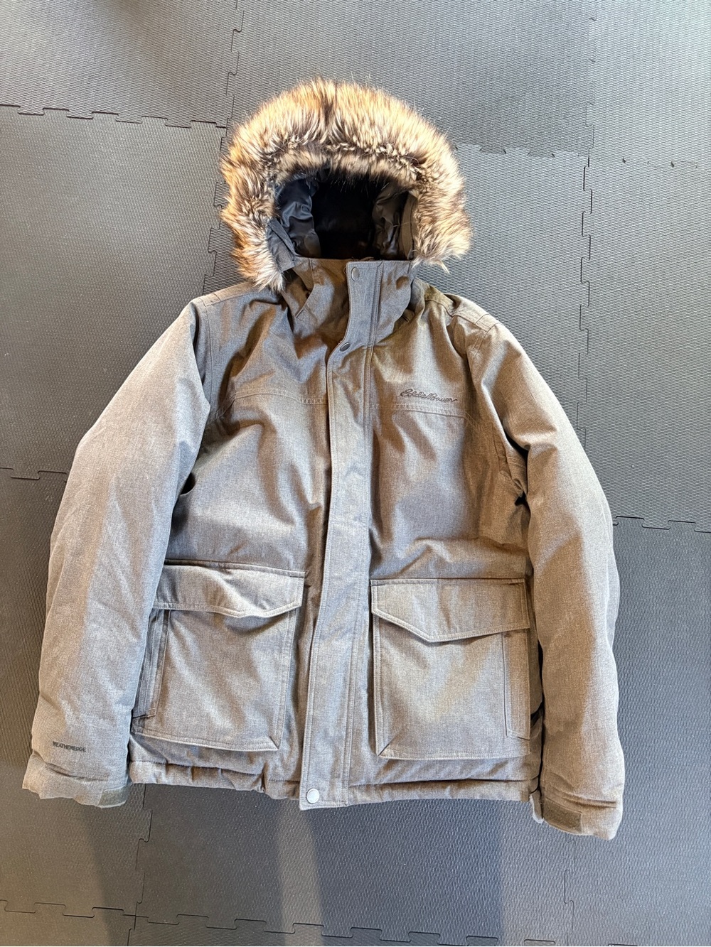 Eddie Bauer Men's Heather Gray Puffer Parka with Faux Fur Hood
